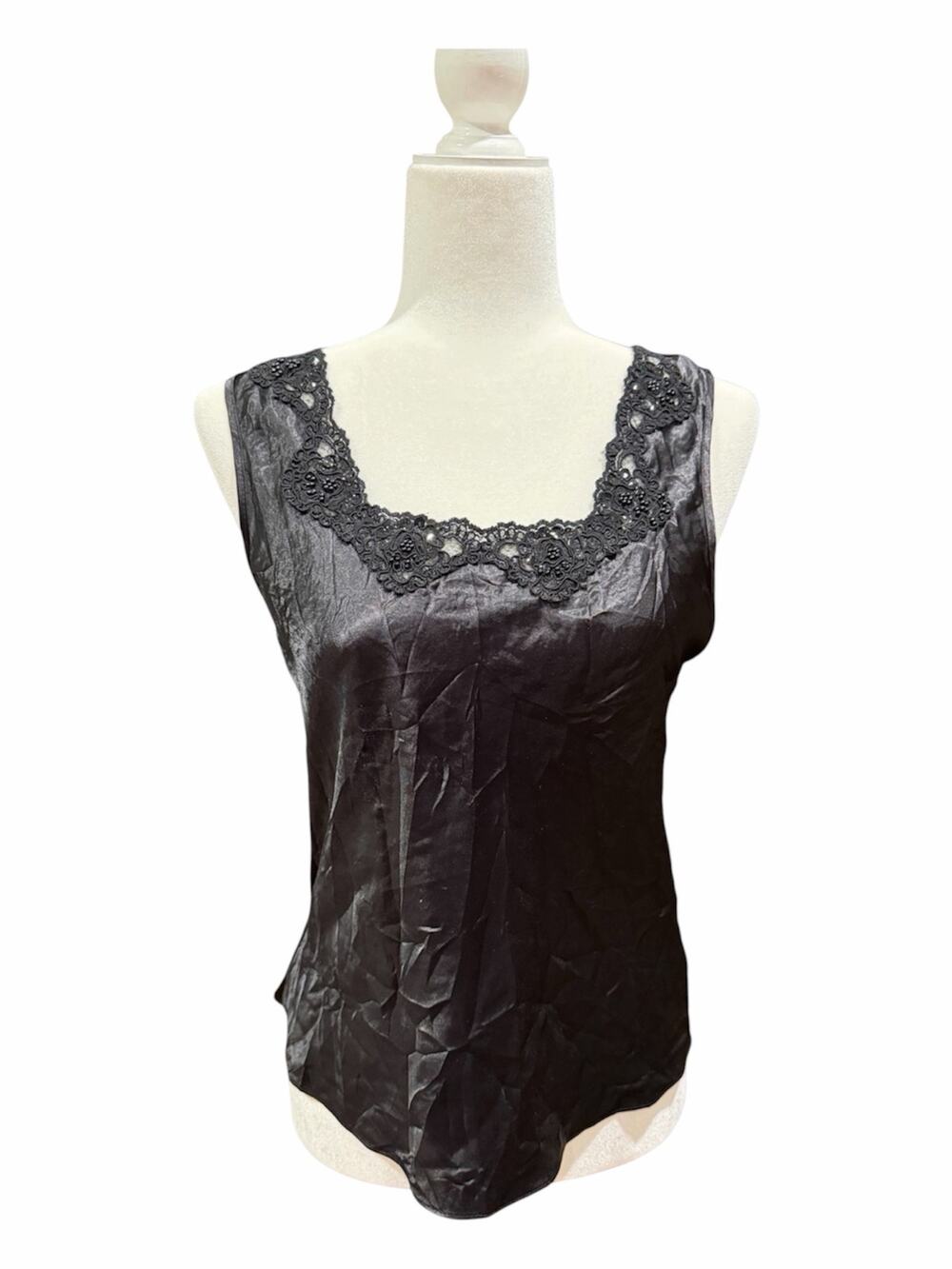 Vintage Cinema Etoile Black Satin Lace Tank Top Small Made in USA Gothic